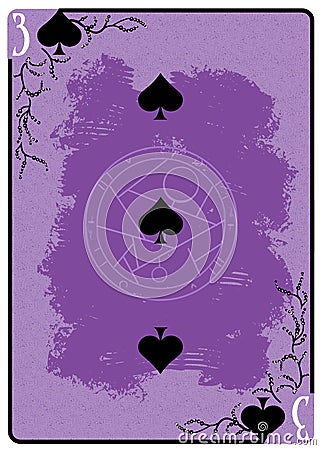 Three of Spades playing card. Unique hand drawn pocker card. One of 52 cards in french card deck, English or Anglo-American Cartoon Illustration