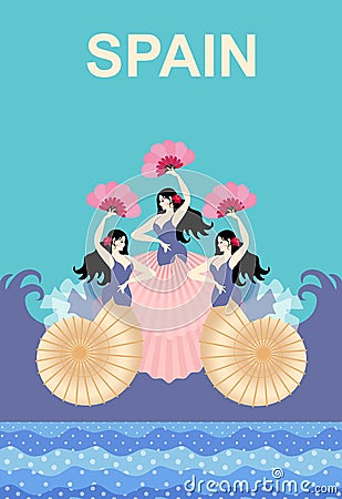 Three Spanish girls in the form of mermaids, and with fans in their hands, dancing flamenco against the ocean. Sea shells. Vector Illustration