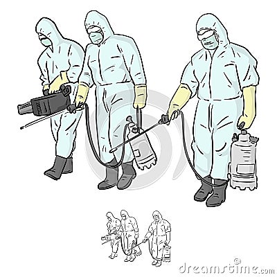 Three specialists in protective suit spraying disinfectant to cleaning and disinfect virus, Covid-19, Coronavirus, preventive Vector Illustration