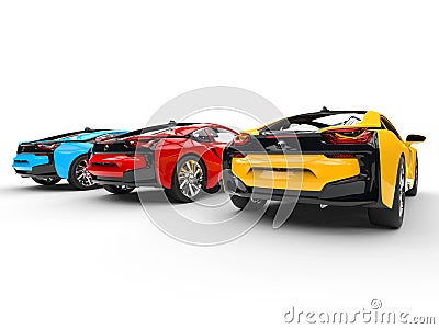 Three sports cars - primary colors - back view Stock Photo