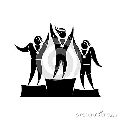 Three sports champions with medals on the podium for the winners rejoice Vector Illustration