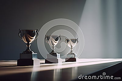 Three sports cups lit by the sun on a table against a gray background. Stock Photo