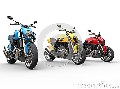 Three sports motorcycles in a row - studio shot Stock Photo