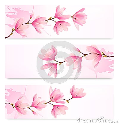 Three Spring banners with blossom brunch of pink flowers. Vector Illustration