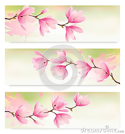 Three Spring banners with blossom brunch Vector Illustration