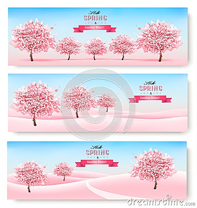 Three spring banners with pink cherry blossom trees and landscape. Vector Illustration