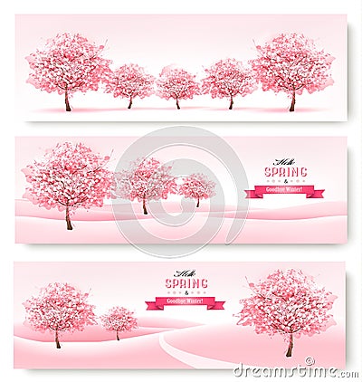 Three spring banners with pink cherry blossom trees. Vector Illustration