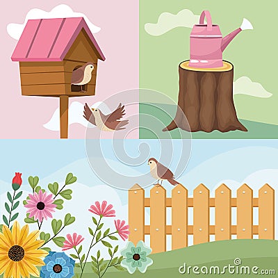 three spring season scenes Vector Illustration