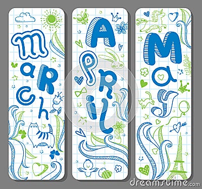 Three Spring vertical seasonal doodle banners Vector Illustration