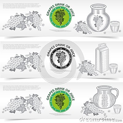 Three square banners of grapes juice or drink product Vector Illustration