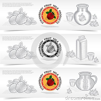 Three square banners of milk product with strawberry filling Vector Illustration