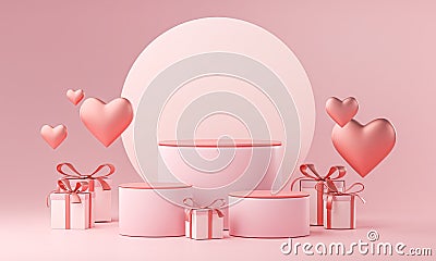 Three Stage Template Valentine Wedding Love Heart Shape and Gift Box 3D Rendering Stock Photo