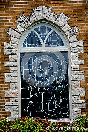 Three Stained Glass Church Windows, Jesus and Children Stock Photo