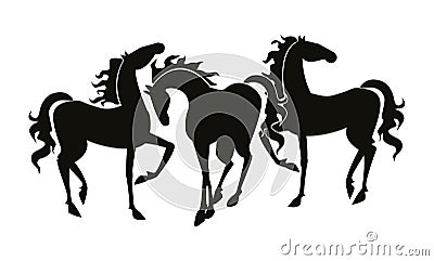 Three Standing Horses. Black silhouettes. Vector illustration on white background Vector Illustration