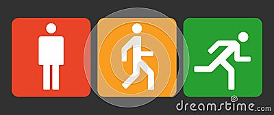 Three states icons of the human body position, stand, walk and run signs, simple abstract man symbol Vector Illustration