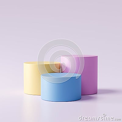 Three step of pastel color product display on modern background with blank showcase for showing. Empty pedestal or podium platform Stock Photo