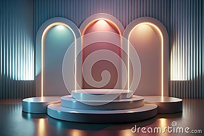 Three-step podium creating a cinematic effect, generative ai Stock Photo