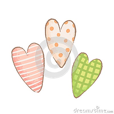 Three stitched hearts of different colors. Imitation of watercolor handmade Vector Illustration