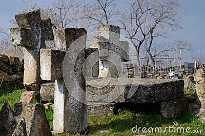 Three stone crosses on ancient ukrainian Cossack`s graveyard,Odessa Stock Photo