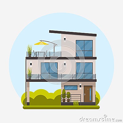 Three-storey house in a flat design. Vector Illustration