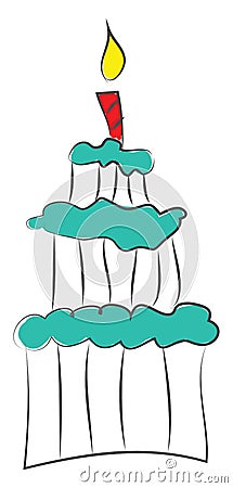 Three-story cake with blue frosting and red candle on top vector illustration Vector Illustration