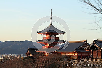 Three-story pagoda of Kiyomizu dera in Kyoto evening scene Editorial Stock Photo