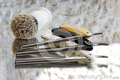 Three old Shaving razors and brush Stock Photo