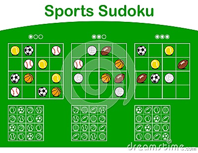 Three sudoku grids with cartoon sports balls Vector Illustration