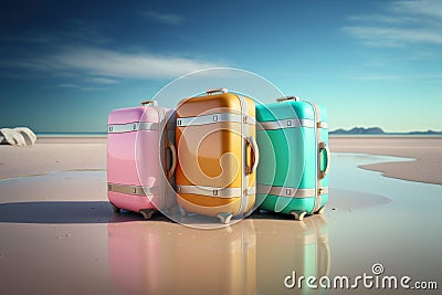 Three suitcases on the beach. AI generative Stock Photo