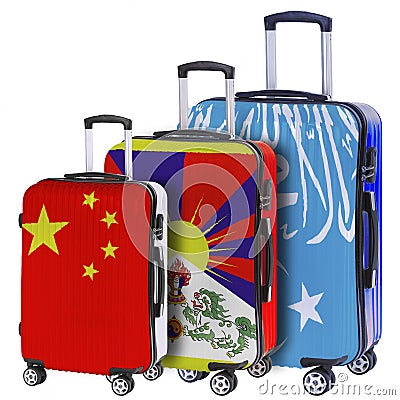 Three suitcases with the image of the flags Stock Photo