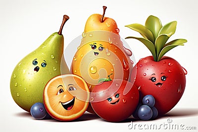 Three super sized and expressive cartoon fruit illustrations on a white background Cartoon Illustration