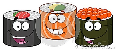 Three Sushi Roll Cartoon Mascot Characters Vector Illustration