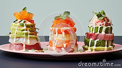 Three sushi rolls on a pink plate, AI Stock Photo