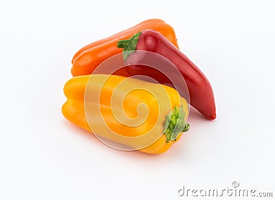 Three sweet orange, red and yelllow peppers on white background Stock Photo