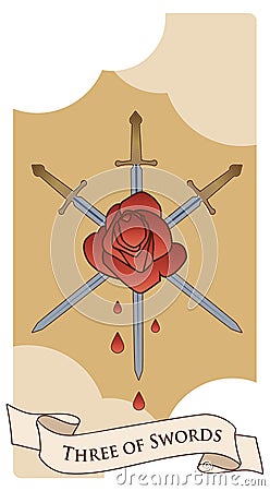 Three of swords. Rose pierced by three swords on clouds background. Blood drops Stock Photo