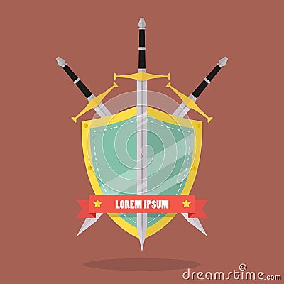 Three swords and shield flat style badge icon Vector Illustration
