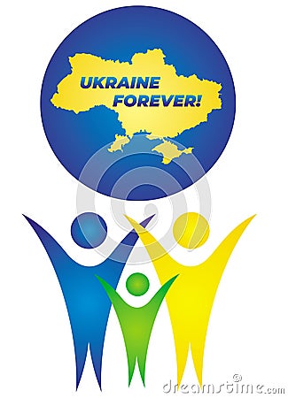 Three symbolic figures with raised hands and a map of Ukraine on top in the colors of the Ukrainian flag. Inscription - Ukraine Fo Vector Illustration