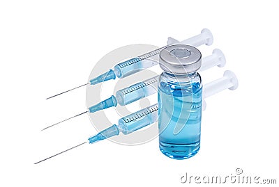 Three syringes and medical vial with light blue vaccine on white background Stock Photo