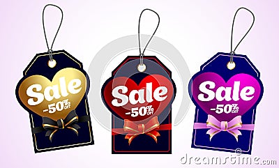 Three tags for Valentine`s Day with hearts and text Sale. Vector Vector Illustration