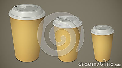Three take-out coffee cups with caps Vector Illustration