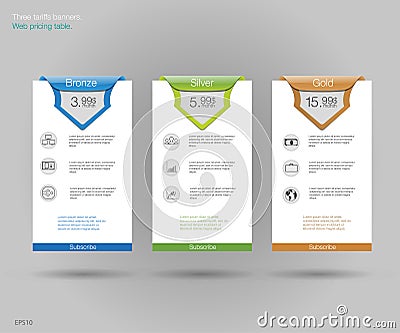 Three tariffs banners. Web pricing table. Vector design for web app. Set offer tariffs. Price list. Stock Photo