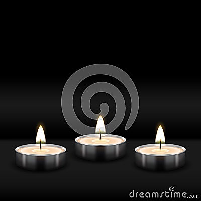 Three tealight burning realistic candles on black background Vector Illustration