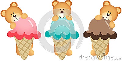 Three teddy bears eating ice cream Vector Illustration