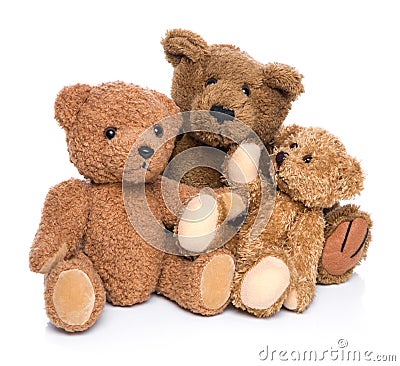 Three teddy bears isolated on white - concept for happy family. Stock Photo