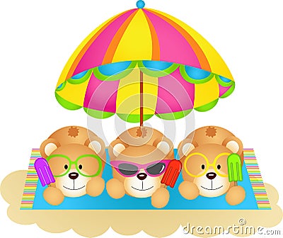 Three teddy bears soaking up the sun eating ice cream Vector Illustration