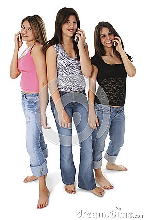 Three Teen Girls With Cellphones Over White Stock Photo
