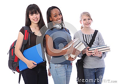 Three teenage ethnic student girls in education Stock Photo