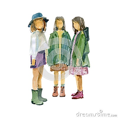 Three teenage girls in raincoats stand next to each other Stock Photo