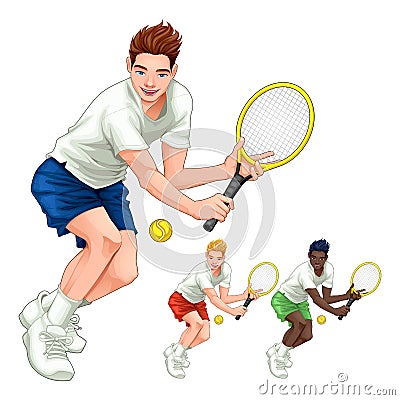 Three tennis players with different hair, skin and dress colors Vector Illustration