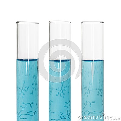 Three test tubes with blue liquids and sheet of paper with formulas isolated on white background. Stock Photo